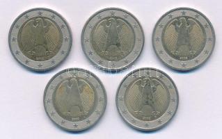 Németország 2008. 2E (5x) mind különféle (A, D, G, F, J) verdejelekkel T:AU,XF egyiken fo. Germany 2008. 2 Euro "Federal State Hamburg" all with different mint marks (A, D, G, F, J) C:AU,XF one spotted Krause KM#214