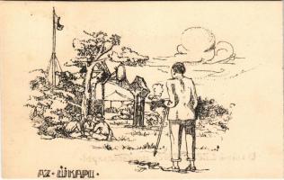 1924 Az új kapu. 13. számú Ezermester cserkészcsapat, Balatonaliga (Balatonvilágos) cserkésztábor, tábori levelezőlap / Hungarian boy scout art postcard, new gate