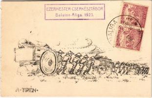 1923 A trén. 13. számú Ezermester cserkészcsapat, Ezermester cserkésztábor Balatonaliga (Balatonvilágos), tábori levelezőlap / Hungarian boy scout art postcard + So. Stpl (TCV card) (kopott élek / worn edges)