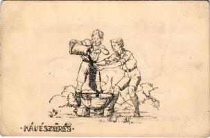 1924 Kávészűrés. 13. számú Ezermester cserkészcsapat, Ezermester cserkésztábor Balatonaliga (Balatonvilágos), tábori levelezőlap / Hungarian boy scout art postcard (gyűrődések / creases)