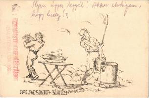 1924 Palacsintasütés. 13. számú Ezermester cserkészcsapat, Ezermester cserkésztábor Balatonaliga (Balatonvilágos), tábori levelezőlap / Hungarian boy scout art postcard + So. Stpl (EB)