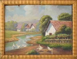 Jelzés nélkül: Libák a faluvégén. Olaj, papír. Kissé sérült, 26x35,5 cm. Dekoratív, kissé kopott fakeretben.