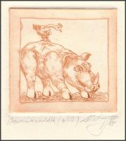 Zé Kovács József (1951- ): Orrszarvú és madárka. Rézkarc, papír, jelzett, 6,5×6,5 cm