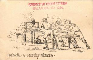 1924 Készül a metélt tészta. 13. számú Ezermester cserkészcsapat, Ezermester cserkésztábor Balatonaliga (Balatonvilágos), tábori levelezőlap / Hungarian boy scout art postcard + So. Stpl (EK)