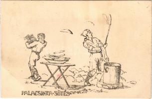 1924 Palacsintasütés. 13. számú Ezermester cserkészcsapat, cserkésztábor Balatonaliga (Balatonvilágos), tábori levelezőlap / Hungarian boy scout art postcard (EB)