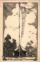 1926 A mi zászlónk. 13. számú Ezermester cserkészcsapat, cserkésztábor Balatonaliga (Balatonvilágos) / Hungarian boy scout art postcard s: Petry Béla 1925 + So. Stpl (gyűrődések / creases)