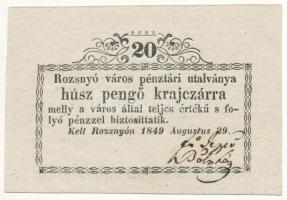Rozsnyó 1849. 20kr "Rozsnyó város pénztári utalványa" T:AU Hungary / Rozsnyó 1849. 20 Kreuzer "Rozsnyó bánya város pénztári utalványa (Cashier's Coupon of Mine Town of Roznava)" C:AU Adamo ROZ-2.1