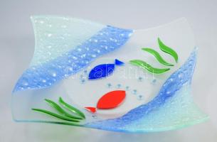 Multicolor üveg design asztalközép, színesüveg rátétekkel, hibátlan, 31x31 cm