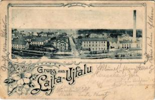 1898 (Vorläufer) Lajtaújfalu, Neufeld an der Leitha; fonó- és szövőgyár, iparvasút / spinning and weaving mill, factory, industrial railway. Lichtdruck v. Th. Feitzinger Art Nouveau, floral (kopott sarkak / worn corners)