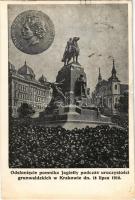 1910 Kraków, Krakkó, Krakau; Odsloniecie pomnika Jagielly podczas uroczystosci grunwaldzkich w Krakowie dn. 15 lipca 1910 / Unveiling of the Jagiellonian monument during the Grunwald celebrations in Kraków on July 15, 1910 (tear)