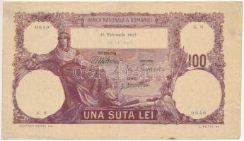 Románia 1917. február 16. 100L "S.9 0840" T:F bal alul kis szakadás / Romania 02.16.1917. 100 Lei "S.9 0840" C:F small tear at lower-left Krause 25