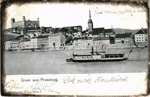 1902 Pozsony, Pressburg, Bratislava; Duna, vár, ingahajó / Danube, castle, steamship (kopott sarkak / worn corners)