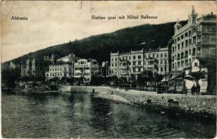 1924 Abbazia, Opatija; Slatina quai mit Hotel Bellevue / parti sétány, szálloda / promenade, hotel (EK)