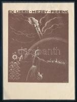 Gáborjáni Szabó Kálmán (1897-1955): Ex libris Mezey Ferenc. Fametszet, papír, jelzett a metszeten, hátoldalán a művész bélyegzésével. Lap felső része papírra kasírozva. 10x8 cm.