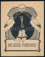SzK jelzéssel (Gáborjáni Szabó Kálmán?): Ex libris dr. Süsz Ferenc (szecessziós ex libris). Vonalas klisé, papír, jelzett a klisén. 10x8 cm.