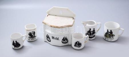 6 darab antik csehszlovák árnykép díszítéses tárgy, közte fali liszttartó, kopással.