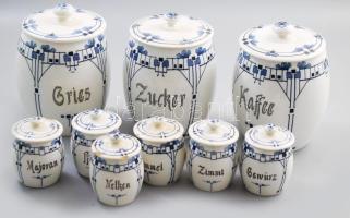 cca 1880/1890 Rudolf Ditmar Znaim 9 részes tárolóedény készlet, jelzett, sérüléssel, m: 9-18 cm