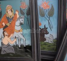 12 darab modern ikonmásolat és bibliai jeleneteket megjelenítő üvegkép, fa keretben, klf méretben