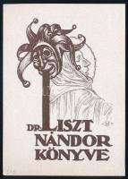 Haranghy Jenő (1894-1951): Dr. Liszt Nándor könyve (ex libris bohóc fejjel és Szent Cecíliával), 1928. Vonalas klisé, papír, jelzett a klisén, 9x6 cm