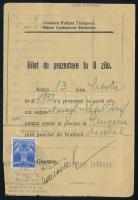 1933 Temesvár, rendőrség által kiállított jegy Nágel József részére