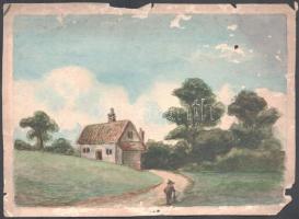 Jelzés nélkül, feltehetően XIX. sz. alkotó, 3 db mű: Tájak emberekkel, szélmalommal. Akvarell, papír...