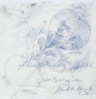 Bukta Imre (1951-), feLugossy László (1947-), Bernáthy Sándor (1949-2012) és Bereznai Péter (1955-) rajzai. Golyóstoll, papírszalvétán. Mindegyik rajz jelzett és Bernáthy rajza datált is (1977). Apró szakadásokkal, hajtásnyomokkal. Szalvéta teljes mérete: 33x32 cm