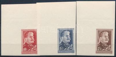 1949 Sztálin ívsarki vágott sor a 9-es tömbből (60f ránc) / Mi 1066-1068 imperforate corner set (60f crease)