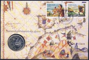 Portugália 1989. 100Esc "Az Azori-szigetek felfedezése" érmés borítékon alkalmi bélyegzős bélyegpárral, hátoldali ismertetővel T:1