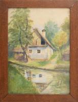 KB jelzéssel: Háza a patak partján, 1910. Akvarell, papír. Üvegezett fakeretben. 33x24 cm.