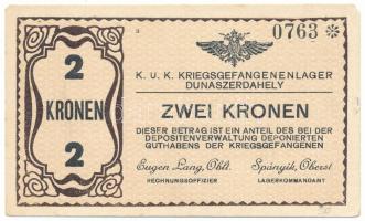 Dunaszerdahely / Hadifogolytábor 1914-1916. 2K, I. kiadás, "0763" T:XF hajtatlan, de sarkoknál anyaghiány / Hungary / Dunaszerdahely / POW Camp 1914-1916. 2 Korona, 1st issue, "0763" C:XF unfolded but missing material at corners Adamo HHD-1.4.1