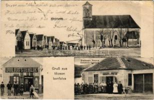 Mosonbánfalva, Apetlon; Kirchengasse, Spezereihandlung Julius Stehlik, Stadlmann Ferenc Gemeinde Gasthaus / Templom utca, Julius Stehlik üzlete, Stadlmann Ferenc vendégháza / church, street, shops, inn, restaurant (ázott / wet damage)