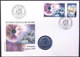 Románia 1999. 500L "Teljes napfogyatkozás" érmés borítékon, alkalmi bélyegzős bélyegpárral, ismertetővel T:1