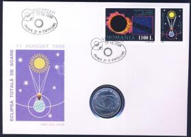 Románia 1999. 500L "Teljes napfogyatkozás" érmés borítékon, alkalmi bélyegzős bélyegpárral, ismertetővel T:1