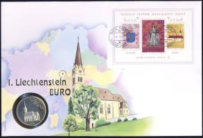 Liechtenstein 1996. 5€ "St. Florin templom" érmés borítékon, alkalmi bélyegzős bélyegblokkal, ismertetővel T:1