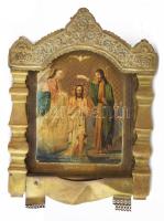 Ikon - Jézus megkeresztelkedése. Orosz, cca 19. sz. közepe - második fele, rézlemez hordozón, hiánnyal, sérüléssel, restaurált, 50x37 cm