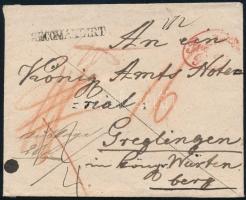 ~1840 Registered cover with halved postage due sent abroad to Württemberg, red "Pre(sburg) F(ranco)" + "RECOMANDIRT", ~1840 Külföldre, Württembergbe küldött ajánlott félportós levél piros "Pre(sburg) F(ranco)" + "RECOMANDIRT" bélyegzésekkel