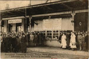 1915 Nowy Sacz, Neu Sandez, Újszandec; Herbaciarni Czerwonego Kryza / Labedienst des Rote Kreuzes / Vöröskereszt teaivó, vasútállomás / WWI K.u.k. military, Red Cross Tea House, railway station + "K.U.K. MILITäRZENSUR SANOK" (Rb)