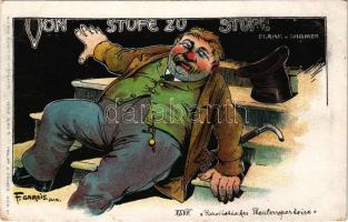 Von Stufe zu Stufe. Flamm und Wimmer. Wiener Künstler-Postkarte Serie XLVII-1. Philipp &amp; Kramer / from step to step, drunken humour litho s: F. Gareis jun. (apró szakadás / small tear)