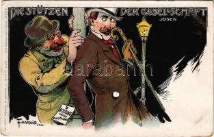 Die Stützen der Gesellschaft. Ibsen. Wiener Künstler-Postkarte Serie XLVII-5. Philipp &amp; Kramer / the pillars of society, drunken humour. litho s: F. Gareis jun. (EK)