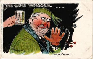 Das Glas Wasser. Scribe. Wiener Künstler-Postkarte Serie XLVII-4. Philipp &amp; Kramer / glass of water, drunken humour. litho s: F. Gareis jun. (EK)