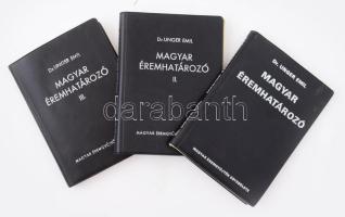 Unger Emil: Magyar éremhatározó I-III. kötet. Összeáll.: Dr. - -. Bp., 1974-1976,Magyar Éremgyűjtők Egyesülete. 2., átdolgozott kiadás. Kiadói nyl-kötések.