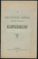 1902 A Késmárki Bank-Részvénytársulat alapszabályai. Késmárk, 1902, Sauter Pál-ny., 18 p. Kiadói tűzött papírkötés, kissé sérült, foltos borítóval.