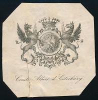 cca 1840 Comte Esterházy Albert (nemesi címeres ex libris), rézmetszet, papír, jelzés nélkül, javított szakadással, 7,5×7,5 cm