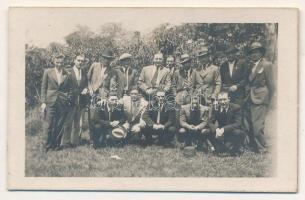 ~1935 Bukarest, Balkán Kupa. A román labdarúgó-válogatott tagjai a baneasai erdőben, focisták / Balkan Cup. Football playrs of the Romanian National football team in Baneasa, Bucuresti (Bucharest). photo (6,3 x 3,9 cm) (ragasztónyomok / glue marks)
