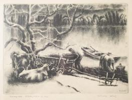 Kórusz József (1927-2010): Dunapart. Rézkarc, papír, jelzett, számozott (69/100). Üvegezett fakeretben, 28x38,5 cm