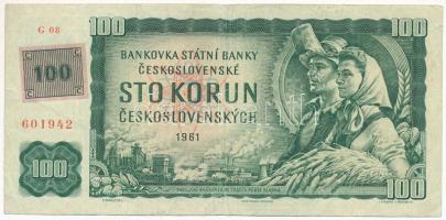 Csehország 1993 (1961) 100K cseh bélyeggel, "G"-sorozat (1990-es kiadású bankjegy) T:F Czechia 1993 (1961) 100 Korun with Czech stamp, prefix "G" (banknote from 1990) C:F Krause P#1