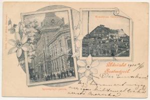 1900 Szatmárnémeti, Szatmár, Satu Mare; Igazságügyi palota, Neuschlosz fűrésztelep. Lövy Miksa kiadása / Palace of Justice, sawmill, forest industry. Art Nouveau, floral (fl)