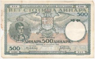Jugoszlávia 1935. 500D "08999809" T:VG, anyaghiány Yugoslavia 1935. 500 Dinara "08999809" C:VG, missing material Krause P#32