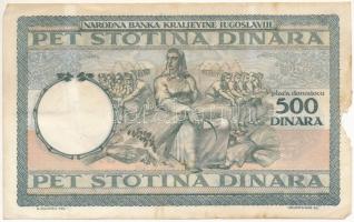 Jugoszlávia 1935. 500D "08999809" T:VG, anyaghiány
Yugoslavia 1935. 500 Dinara "0899...
