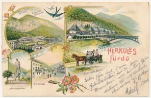 1898 (Vorläufer) Herkulesfürdő, Baile Herculane; Franz Josefshof Kursalon, Rudolfshof, Villa Elisabet, Szapari Bad, Herkulesbrunnen, Herkulesplatz, Rumänische Bauern / Ferenc József gyógyszalon, Rezső udvar, Erzsébet villa, Szapáry fürdő, Herkules kút, Herkules tér, román parasztok. Krizsány R. kiadása / spa, villa, fountain, square, Romanian folklore, bridge. Art Nouveau, floral, litho (vágott / cut)